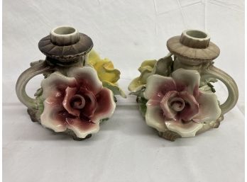 Antique Matching Pair Of Capodimonte Made In Italy Floral Candle Holders