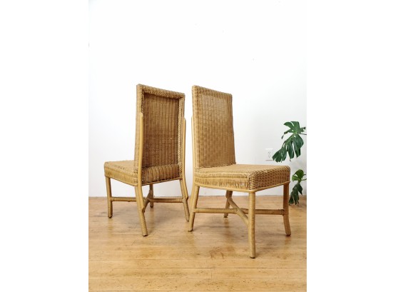 Pair Vintage Boho Rattan Parsons Chairs