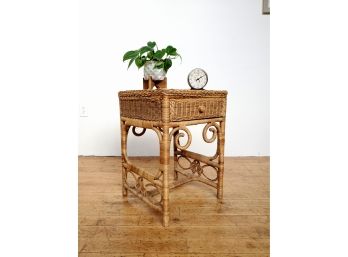 Vintage Boho Wicker-rattan Side Table With Drawer