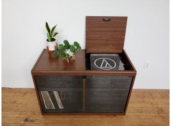 70s Turntable And Record Storage Cabinet With Smoked Glass Doors
