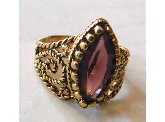 Pretty Gold Tone Fashion Ring With Amethyst Stone