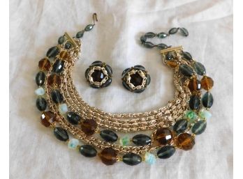 Vintage Earings & Multi-Strand  Necklace Set, White Green & Amber