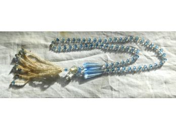 Sweet Vintage Pale Blue Beads Necklace With Beaded Tassel