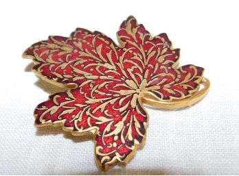 Gold Tone And Red Enamel Maple Leaf Pin