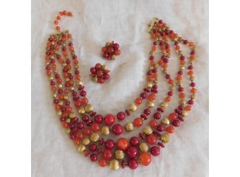 Vintage Clip Earrings And Matching 4 Strand Necklace, Red & Gold Beads