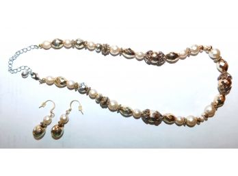 Bright Gold Beads & Faux Pearls Necklace With Matching Loop Earrings