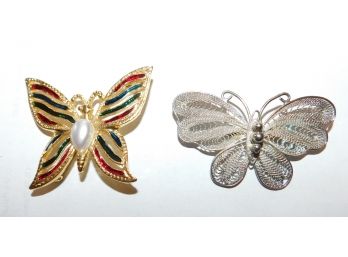 TWO Butterfly Pins, Gold Tone With Enamel & Silver Look