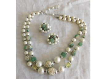 Vintage Greeen & White Beads 2 Stand Necklace With Matching Clip Earrings
