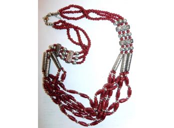Very Cool Red & Silver 6 Strand Costume Necklace, Southwest Look