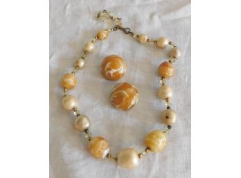 Mottled Colors Necklace With Matching Earrings, NEAT, Heavy, Butterscotch Look