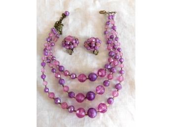 Vintage Clip Earrings & Matching 3 Strand Necklace, PurpleAmetyhst Color