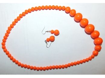 Orange Graduated Beads  Necklace With Matching Loop Earrings