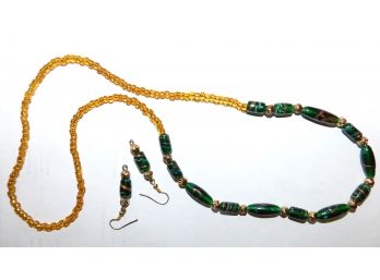 Greens & Golds & Amber Beads Necklace With Matching Loop Earrings