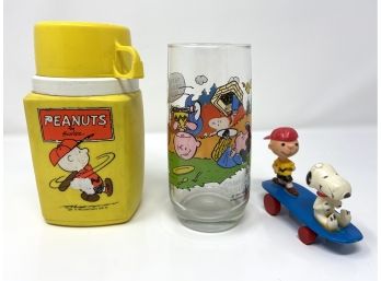 1950s Peanuts Thermos With Vintage Tumbler And Toy