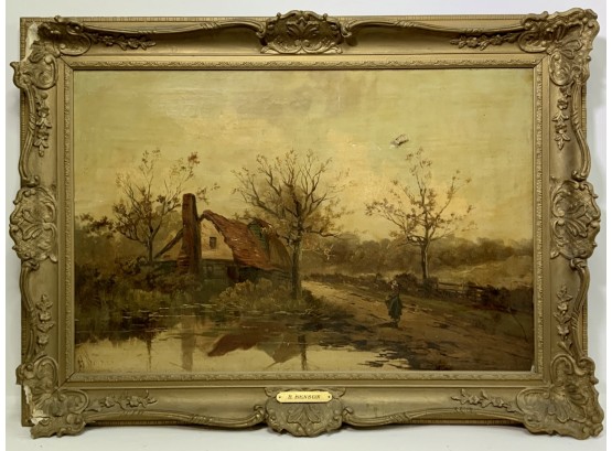 American Painting Of A Cottage By A Pond In Gilt Gold Plaster Frame Signed By Henry. Benson