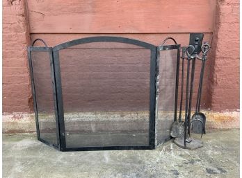 Mesh Folding Fireplace Screen And Tools