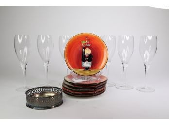 Italian Waiter Plates, 6 Glasses, & Silverplate Wine Coaster