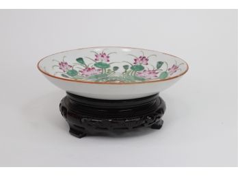Small Asian Bowl On Carved Rosewood Pedestal