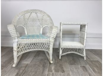 White Wicker Rocking Chair And Wicker Side Table