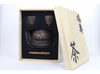 Asian Metal Tea Pot And Tea Cups In Wood Box