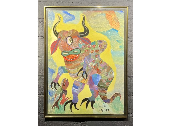 Colorful Original Abstract Francisco Chico Da Silva Brazilian Visionary Gouache Painting Dated 1964