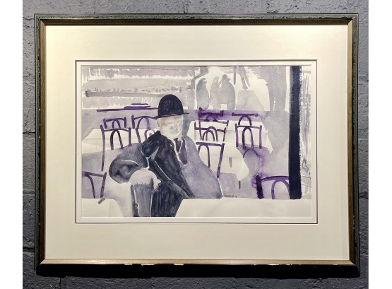Vintage Edward Berkise Watercolor Of Cafe Scene
