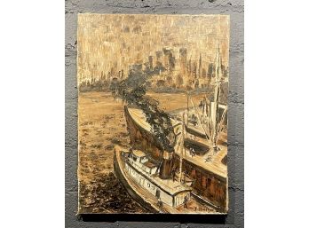Vintage Oil On Canvas Of NYC Harbor Scene Signed And Dared 1969