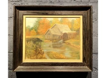 Vintage Oil On Canvas Of Rural Watermill Scene Signed Illegibly