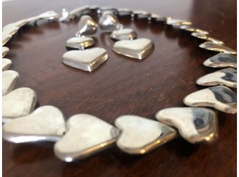 Beautiful Heavy Solid Vintage Mexican Sterling Silver Heart Necklace With Matching Earrings