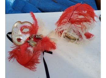 Two Venetian Carnival Masks  - One Full Mask -Red Feathers & One Head Band With Bells & Feathers - FUN Times!