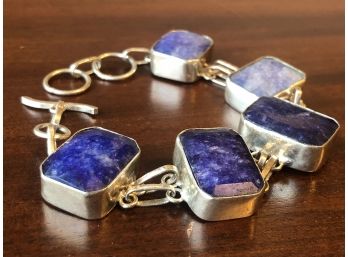 Elegant Sterling Silver Bracelet With Five Substantial Purple / Violet Stones (denim Lapis) & A Toggle Clasp