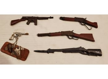 Lot Of 5 Vintage Mini Collectibles: 2 Metal & Plastic Rifles, 1 Lead,  1 Machine Gun , 1 Pistol & Holster