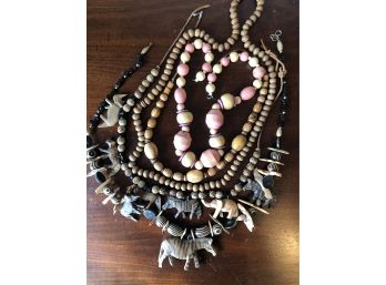 Five Large Vintage Hand Carved Wooden Beaded By Necklaces