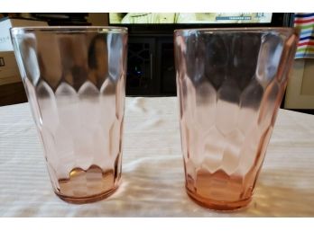 Two Pressed Pink Glass Water Goblets - Glasses With Thumb - Print Side Decor Pattern 5.125' Tall