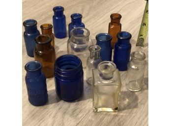 Lot Of Antique Miniature Cobalt Blue, Clear, And Brown Bottles