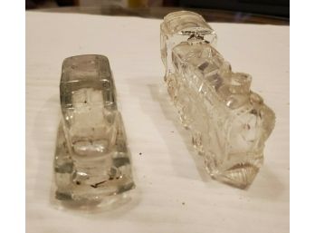 Two 1940s Clear Glass Figural Candy Containers - Train Engine  # 888 & Antique Automobile