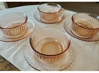 4 Sets Of Fortecrisa Pink Glass 4 Fruit Or Cereal Bowls With4 Underplates  0r Salad Plates