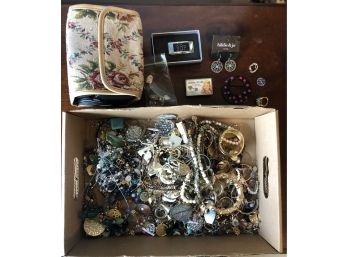 Lot Of Costume Jewelry And Container Earrings, Rings, Bracelets, Pins, Pearls, Necklaces