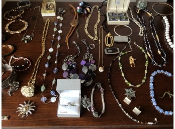 Large Lot Of Costume Jewelry. Necklaces, Bracelets, Pins, Rings, Beads, 24KGB Cuban, Genuine Cubic Zirconia