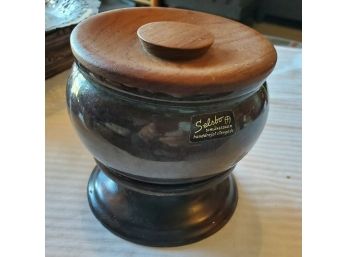 MCM Selsbo Sweden Stoneware Pot With A Wood Lid & Stand. With Original Maker's Sticker