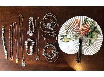 Assorted Jewelry Lot - Pandora Bracelet With Charms, A 4-leaf Clover Pendant, Necklaces, & Bonus Asian Fan