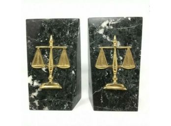 Scales Of Justice Black Marble Bookends. Lovely White Veined Substantial Marble, Gilt Scales