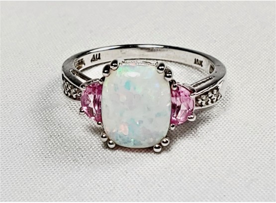 Super 10k White Gold Synthetic Opal And Pink Stone Ring