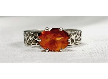 Sterling Silver Orange Stone Ring With Unique Pattern On Band