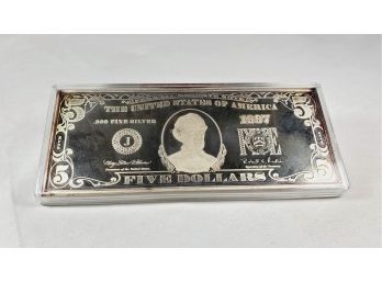**4 Oz** .999 Silver Bar In Shape Of $5 Dollar Bill (in Plastic Case)