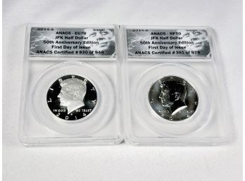 Pair Of Perfect 2014-D  SP70 & 2014-S BU70 Kennedy Half Dollars Slabbed And Graded
