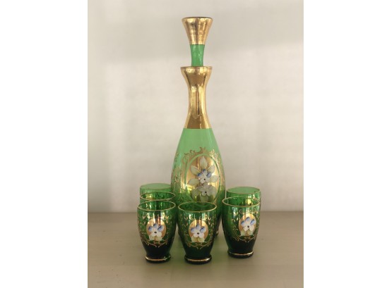 Wine  Port Carafe Beautiful Green Glass With Violets - Six Glasses