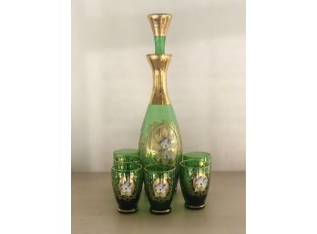 Wine  Port Carafe Beautiful Green Glass With Violets - Six Glasses