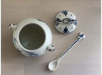 Delft Blue Hand Painted Honey Pot With Spoon - Made In Holland