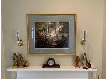 Large Gold Framed Print And Polished Brass Candle Holders